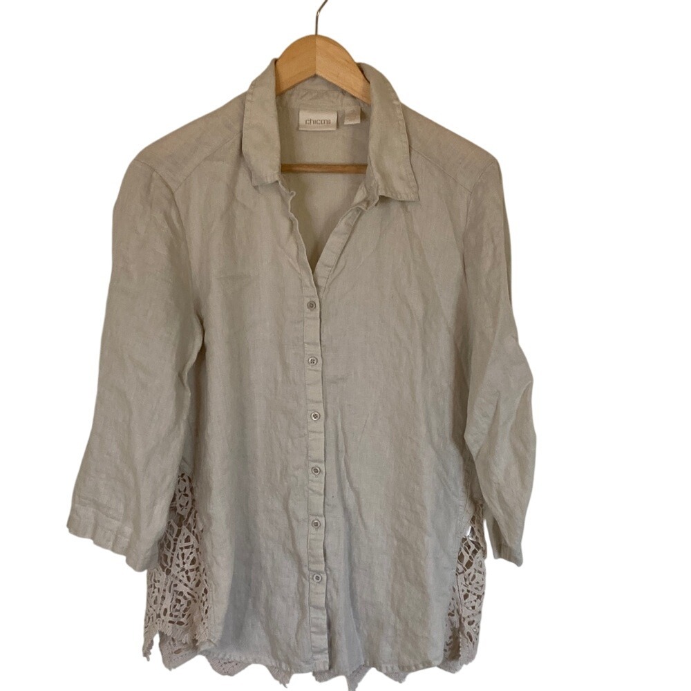 Chicos Womens Beige Button Up Cotton Linen Lace Blouse Size Large Boho 3/4 Sleev